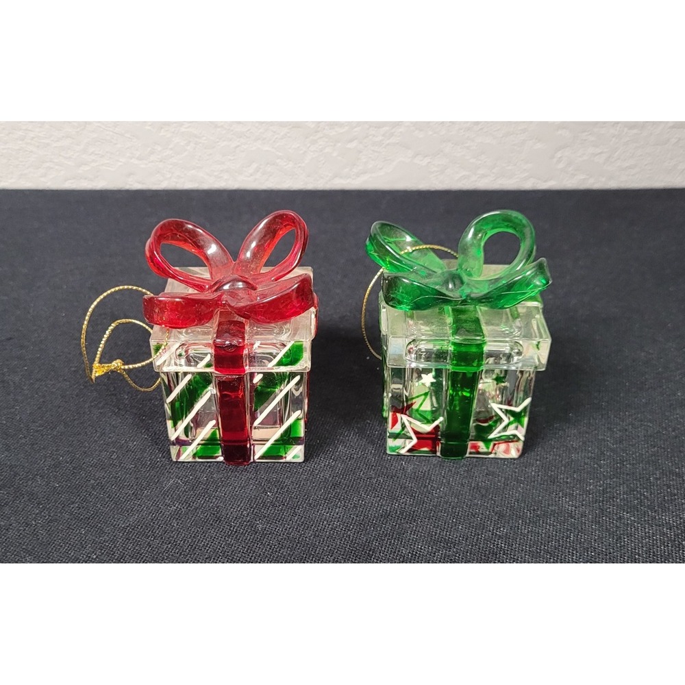 Vintage Ganz Acrylic Gift Box Christmas Ornaments Red Green Bow Set of 2